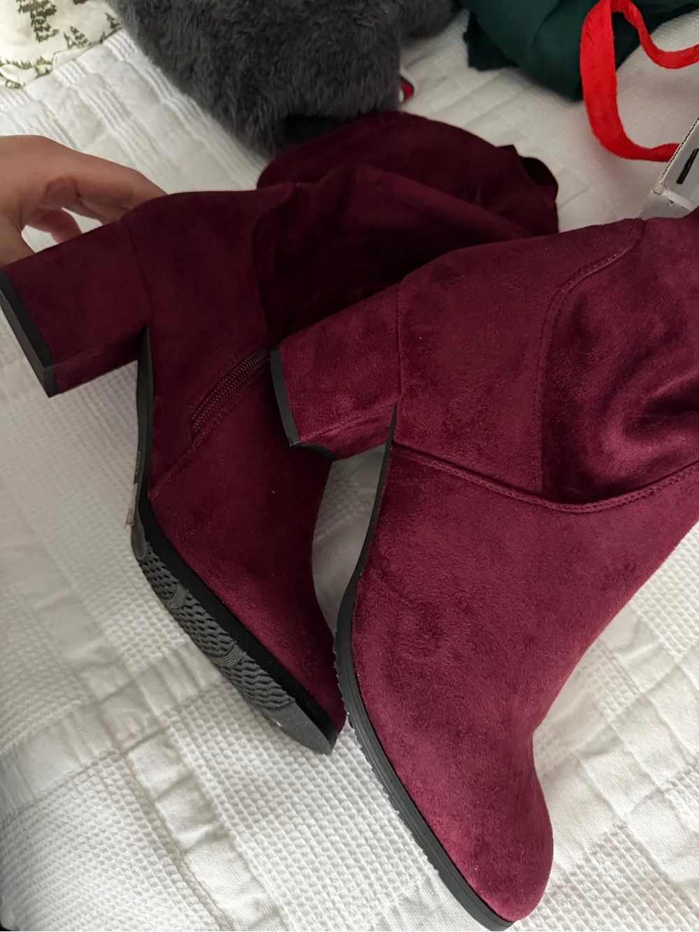 Laurence Faux Suede Over-the-Knee Boots Lace Back US 9 Burgundy Zip Closure